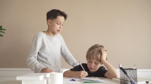 Dos jóvenes alegres disfrutando de estudiar juntos en la biblioteca — Vídeos de Stock