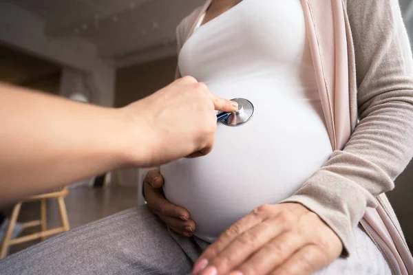 Wanita hamil yang bahagia mengunjungi dokter kandungan di rumah sakit atau klinik medis untuk konsultan kehamilan. Dokter memeriksa perut hamil untuk pemeriksaan kesehatan bayi dan ibu. Konsep ginekologi — Stok Foto