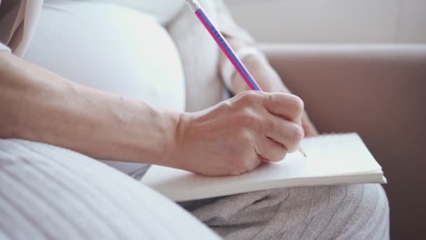 Caucásica mujer embarazada sentada en el sofá escribiendo en el diario de mamá portátil en blanco y haciendo lista de compras. — Vídeos de Stock