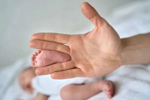 Bayi kaki di tangan ayah, kaki bayi yang baru lahir, bayi kecil terletak di tempat tidur bayi. — Stok Foto