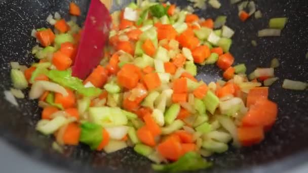 Närbild av färgglada ångande grönsaker steka på en panna blandas och kastas upp. Matlagningsprocess, hälsosam mat, vegetariskt kök. Läcker smak, hemlagad maträtt. — Stockvideo