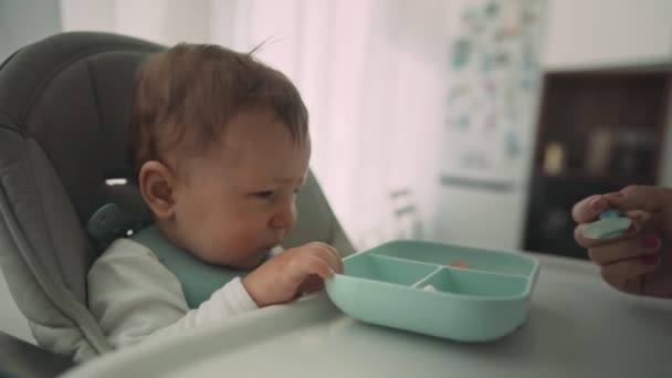 Eltern füttern ihr Kind mit Bananenscheiben. Die erste ergänzende Nahrung des Kindes — Stockvideo