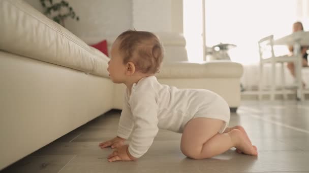 As primeiras tentativas da criança de levantar-se perto do sofá. O primeiro ano de uma vida infantil. desenvolvimento infantil — Vídeo de Stock