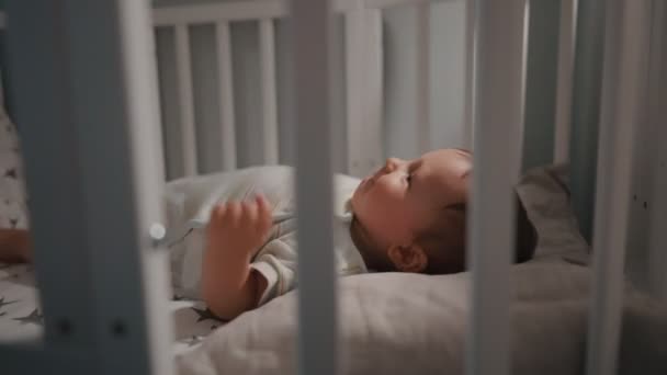 母親は赤ん坊を眠りにつかせ新生児の母親はゆりかごに入れ毛布で覆い — ストック動画