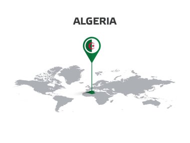 Pin 'in Gövdesinde Bayrak Olan Dünya Haritasında ALGERIA Konumu Pin