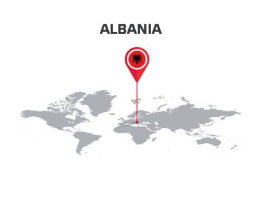 Pin 'in Gövdesinde Bayrak Olan Dünya Haritasında ALBANIA Konumu Pin