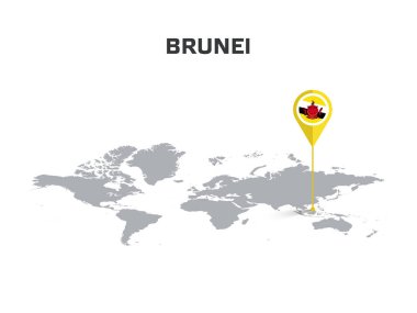Brunei Darussalam Dünya Haritasında Pin 'in Vücudunda Bayraklı Konum İğnesi