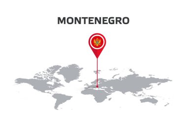 MONTENEGRO Konumu Pin 'in Gövdesinde Bayrak Olan Dünya Haritasında Pin