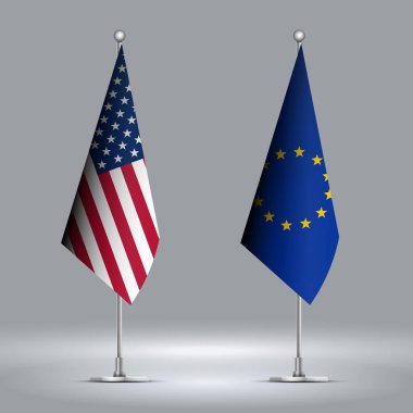 Two Standing Flags Representing EU vs USA with Flags on Bodies