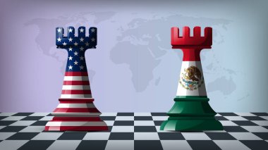 İki Ayakta Kalan Kale, ABD ve Meksika 'yı temsil ediyor. Arkaplanda Bayraklar ve Dünya Haritası