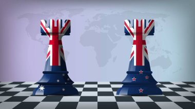 Avustralya ve Yeni Zelanda 'yı temsil eden İki Ayakta Kalan Kale, Arka planda Bayraklar ve Dünya Haritasıyla