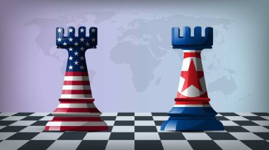 İki Ayakta Kalan Kale, arka planda bayraklar ve dünya haritasıyla ABD ve Kuzey Kore 'yi temsil ediyor.