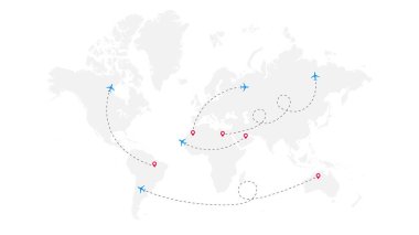 Jet Simgeli ve Dünya Haritalı Çeşitli Uçak Çizgileri ve Yolları