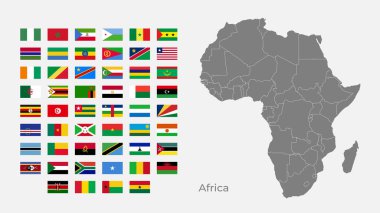 Bölgesel Sınırlar ve Tüm Afrika Ülke Bayraklarıyla Afrika Vektör Haritası