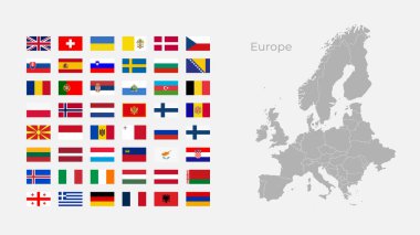 Bölgesel Sınırlar ve Tüm Afrika Ülke Bayraklarıyla Avrupa Vektör Haritası
