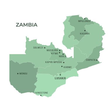 ZAMBIA 'nın Sınır ve Meşhur Şehirleri Haritası