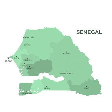 Sınırları ve ünlü şehirleri olan SENeGAL Haritası
