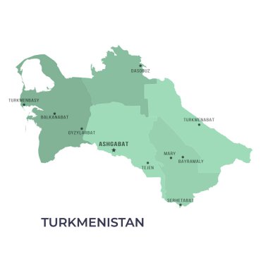 Bölgesel Sınırlar ve Ünlü Şehirlerle TURKMENISTAN Haritası