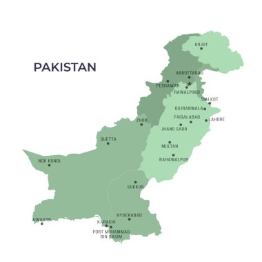 Sınırları ve ünlü şehirleri olan PAKISTAN Haritası