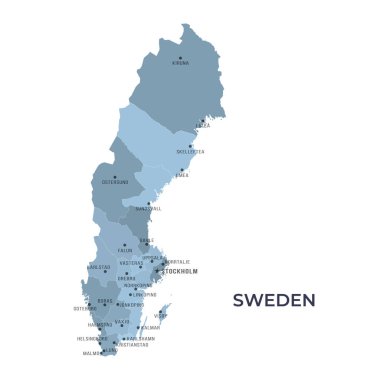 Sınırları ve ünlü şehirleri olan SWEDEN Haritası