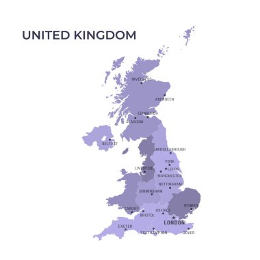 Bölgesel Sınırlar ve Ünlü Şehirlerle Birleşmiş KINGDOM Haritası