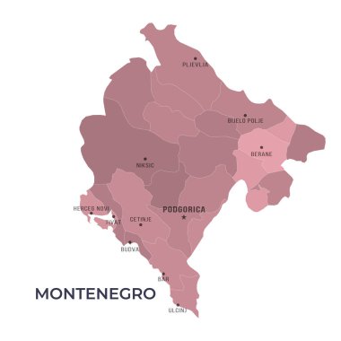 Sınırları ve ünlü şehirleri olan MonteneGRO Haritası