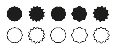 Wavy edge promo flat badges. Collection of black stickers in circle shape. Round frames. Blank sale icons. Tags for price in star burst shape. Silhouette simple borders. Vintage labels flat samples.