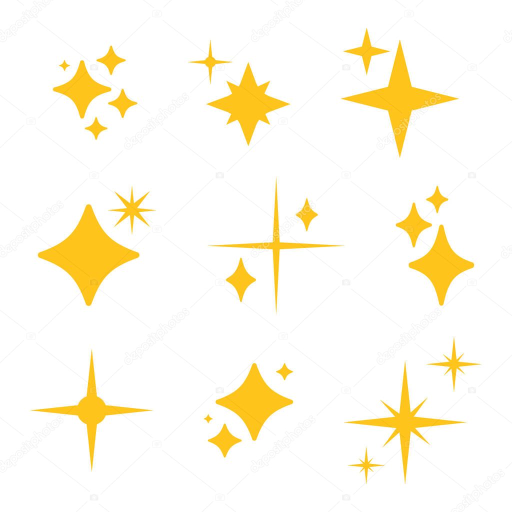 Shine, sparkle golden stars on white background. Sparkle yellow star symbols. Shine retro icons. Flat blink twinkle, sunburst star shapes. Magic light flare, bright flash star. Shining glow.