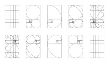 Altın oran basit şablon. Fibonacci dizisi, sayılar oluşuyor. Büyük bir grup altın kesit metodu örneği. Uyum oranı ince siyah çerçeveler. Beyaz arkaplan üzerinde grafik düz illüstrasyon.