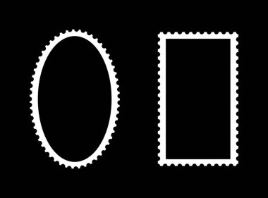 Posta pulu retro boş çerçeveler şablonu. Kartpostallar için beyaz sınırlar, mektuplar. Boş oval, dikdörtgen vintage pulların kenarları. Düz kutular, kıvrımlı, dalgalı kenarları delinmiş..