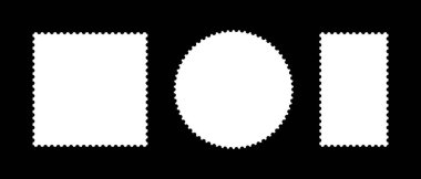 Posta pulu şablonu çerçeveleri. Boş sınırlar, kartpostallar için arka planlar, mektuplar. Etiketler, etiketler, kuponlar. Çember, dikdörtgen, eski pullar. Kavisli, kıvrımlı, dalgalı delikli kutular.