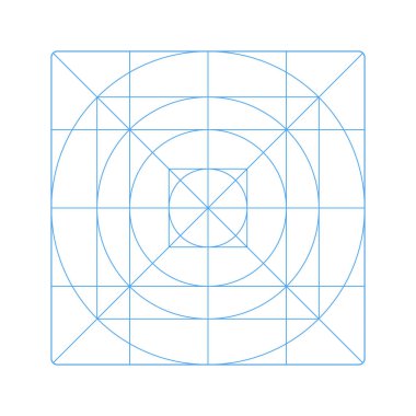 Rehber, uygulama logosu tasarımı için ölçü. Uygulama simgesi boyutu şablonu. Ağ için boş, mavi ızgara şablonu, mobil sistem uygulaması. Beyaz arkaplanda simge ızgarası izole edildi. 