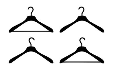 Askı giysi ikonları. Vestiyer siyah siluet resim seti. Elbise askısı, servis sembolü. Kuru temizleme deseni, giyim mağazası tabelaları koleksiyonu.