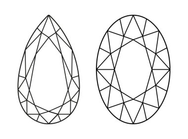 Armut ve Oval elmas kesim seti. Elmas manzaralı. Oval ve Armut, minimalist simgeleri kesmiş. Mücevher tasarımı, markalaşma, ambalaj ve logoti için Gemstone ana hatları. Düz diyagram tasarla.