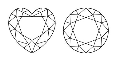 Kalp, çember elmas kesim şekil simgeleri. Tasarım şeması. Parlak Kalp, Çember biçimli kesik. Mücevher tasarımı, markalaşma, ambalaj, logo, web, uygulama için bir dizi değerli mücevher ana hatları.