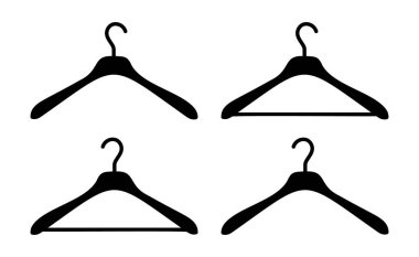 Askı dolabı simgeleri ayarlandı. Vestiyer siyah siluet resim kalıpları. Elbise askısı, servis sembolü örnekleri. Kuru temizleme deseni, giysi mağazası basit tabela koleksiyonu.