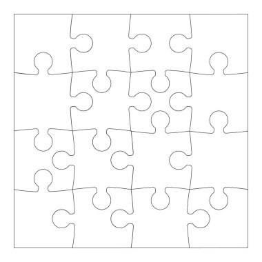 Bulmaca oyunu meydan okuma örneği. Bulmaca maketi. Yapboz 16 parça şablon. 4x4 yapboz oyununun detaylarını düşünmek. Zihin düz parçaları bulmacalar. Yapboz siyah kaplama beyaz karolar üzerinde ana hatlar.