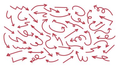 Kırmızı el ok koleksiyonu. Bir dizi ince çizgili organik ok. El yapımı minimalist oklar. İş planları, eğitim tasarımları için basit çizimler. Düz oklar, büyük paket..