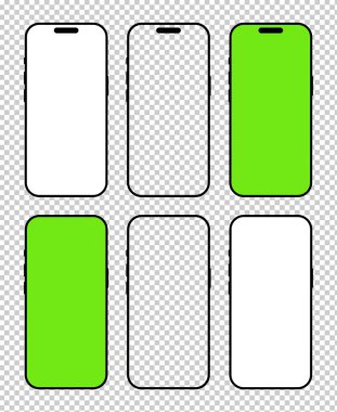 Akıllı telefon siyah çerçevesi ayarlandı. Gadget sembolleri. Web sitesi tasarımı için düz tabelalar, evet, mobil uygulama. Aygıt ön görünümü. Boş akıllı telefon yeşil ekran şablonları. Cep telefonu siyah simgesi beyaz arkaplan.