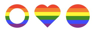 Gökkuşağı bayrakları. Gay gurur çerçevesi koleksiyonu. İlerleme Logosu modellemeleri simgeler. LGBT çemberi, kalp simgeleri. Yuvarlak, kalp rozeti, düğme düzeni. Gökkuşağı renklerinde düz çıkartmalar. Şablon basit tasarım.
