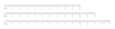 Ölçüm tablosu 10, 12, 14 inç. Cetvel ölçeği on, on iki, on dört. Dikiş aleti simgeleri seti. Uzunluk ölçümü matematik, mesafe, yükseklik.