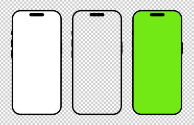 Akıllı telefon çerçeveleri ayarlandı. Cep telefonu simgeleri beyaz arkaplanlı. Gadget siyah sembolleri. Aygıt düz ön görünüm. Web sitesi tasarımı için işaretler, evet, mobil uygulama. Boş akıllı telefon yeşil ekran şablonu.