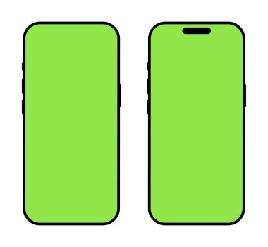 Akıllı telefon çerçevesi arka plan seti. Boş akıllı telefon yeşil ekran. Gadget sembolleri. Aygıt düz ön görünüm. Beyaz arkaplanda izole edilmiş siyah cep telefonu simgeleri. Web sitesi tasarımı için işaretler, evet, mobil uygulama.