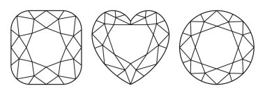 Kalp, Çember, Yastık köşeli elmas kesim şekli simgeleri. Tasarım şeması. Parlak Kalp, Çember, Yastık modifiye edilmiş kesik. Mücevherler, markalar, ambalajlar, logolar için değerli mücevher ana hatları..