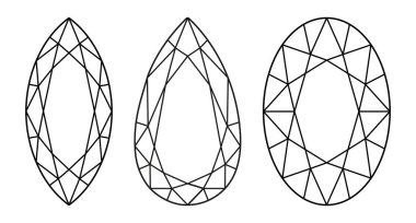 Markiz, Armut, Oval elmas biçimli. Mücevher tasarımı, markalaşma, ambalaj ve logoti için Gemstone ana hatları. Bir set Markiz, Armut, Oval kesim ikonları. Elmas manzaralı. Tasarım diyagramı.