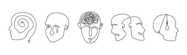 精神障害ベクトルのアイコン 様々な精神衛生上の問題の抽象的な概念を連続線画技術 人格障害や精神疾患を示す人間の頭のスケッチ — ストックベクタ
