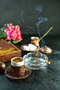 Traditional Turkish Coffee on background, close up