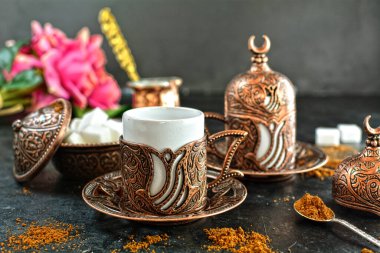 Traditional Turkish Coffee on background, close up