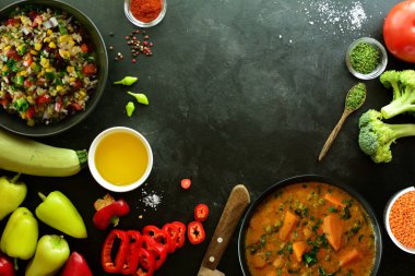 Sweet Potato Curry and cooking ingredients on black background
