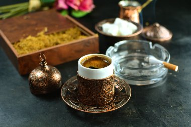 Traditional Turkish Coffee on background, close up